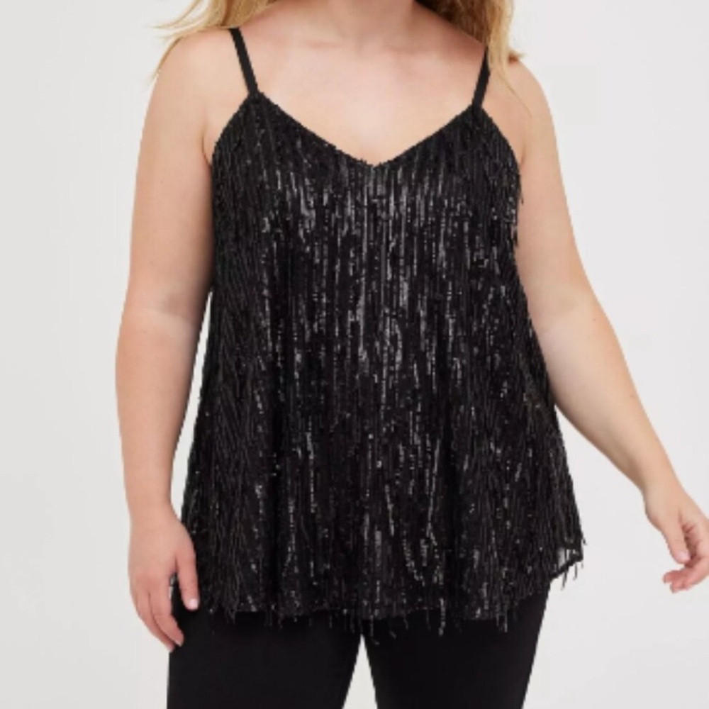 Torrid Sophie Black Swing Sequin Fringe V-Neck Cami Tank Top Size Large/12